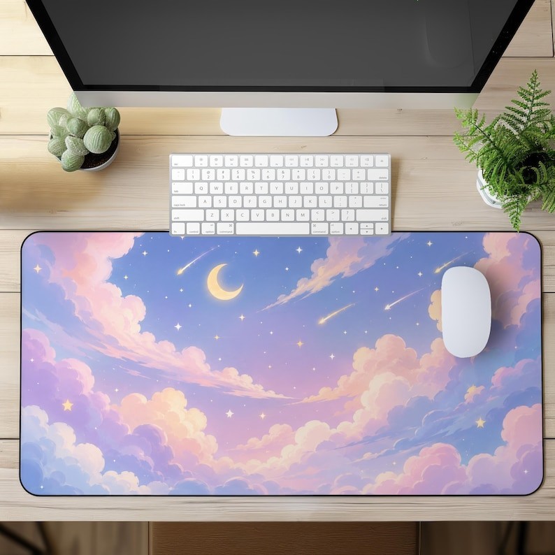 Pastel Moon Cloud Desk Mat, Dreamy Sky Mouse Pad, Celestial Kawaii Desk Pad