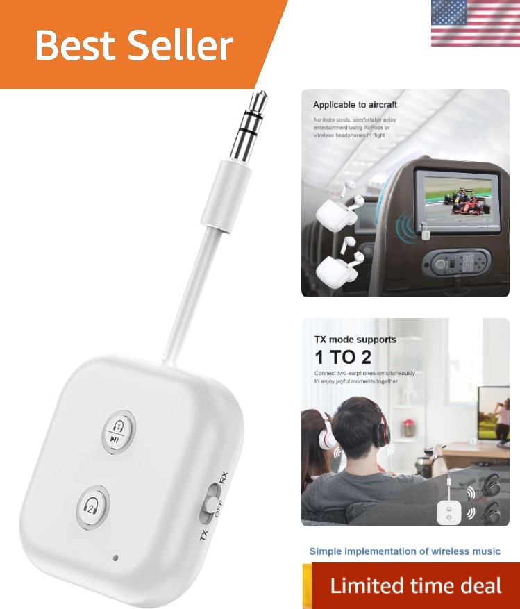 Versatile Bluetooth 5.3 Transmitter for Home and Travel - Up to 2 Headphones