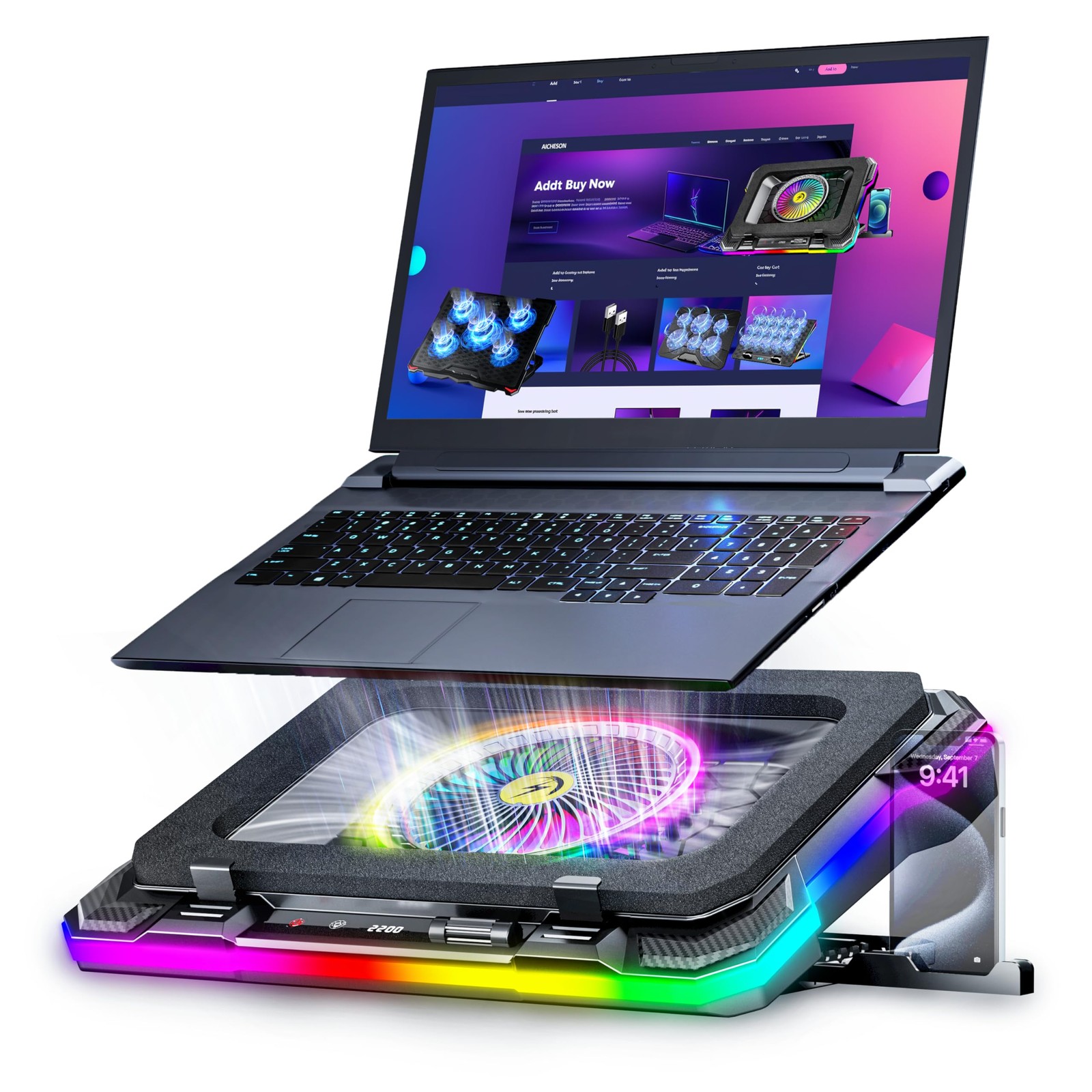 AICHESON Gaming Laptop Cooling Pad with Full RGB Lights, Powerful 5V, 5V