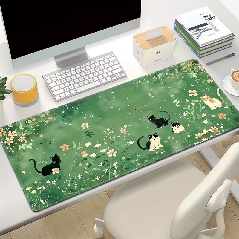 Cute Kitten Desk Mat: Green Floral Mouse Pad for Cat Fans & Office Decoration