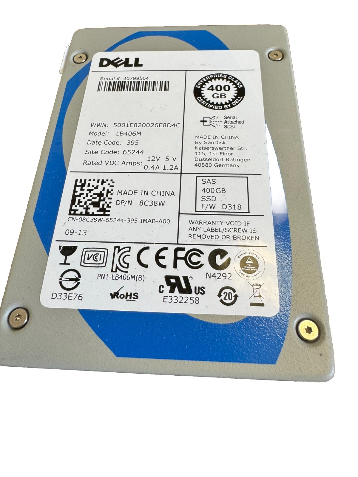Dell 400GB 2.5" SAS SSD LB406M p/n: 8C38W F/W D318