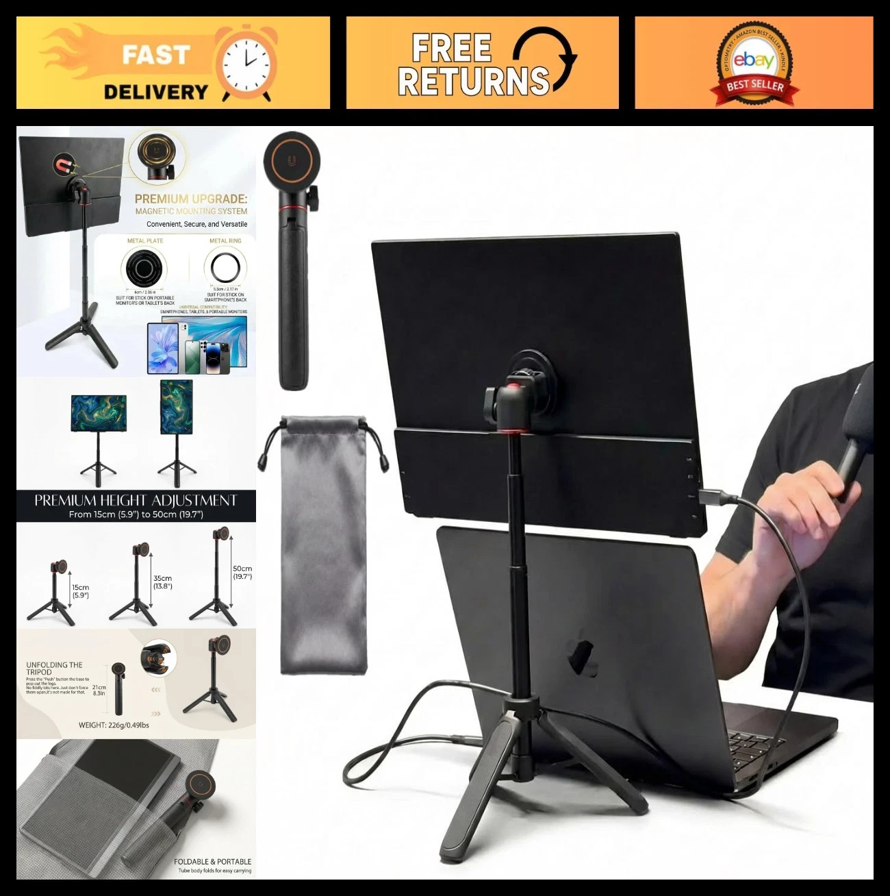 Adjustable Portable Monitor Stand, Magnetic Metal Tripod for 15.6" Screens, Fits