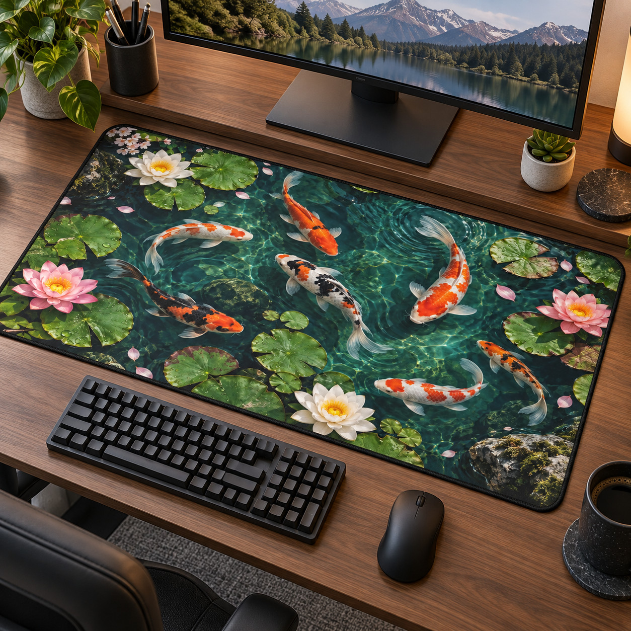 Koi Fish Desk Mat, Japanese Pond Mouse Pad, Lotus Floral Office Decor