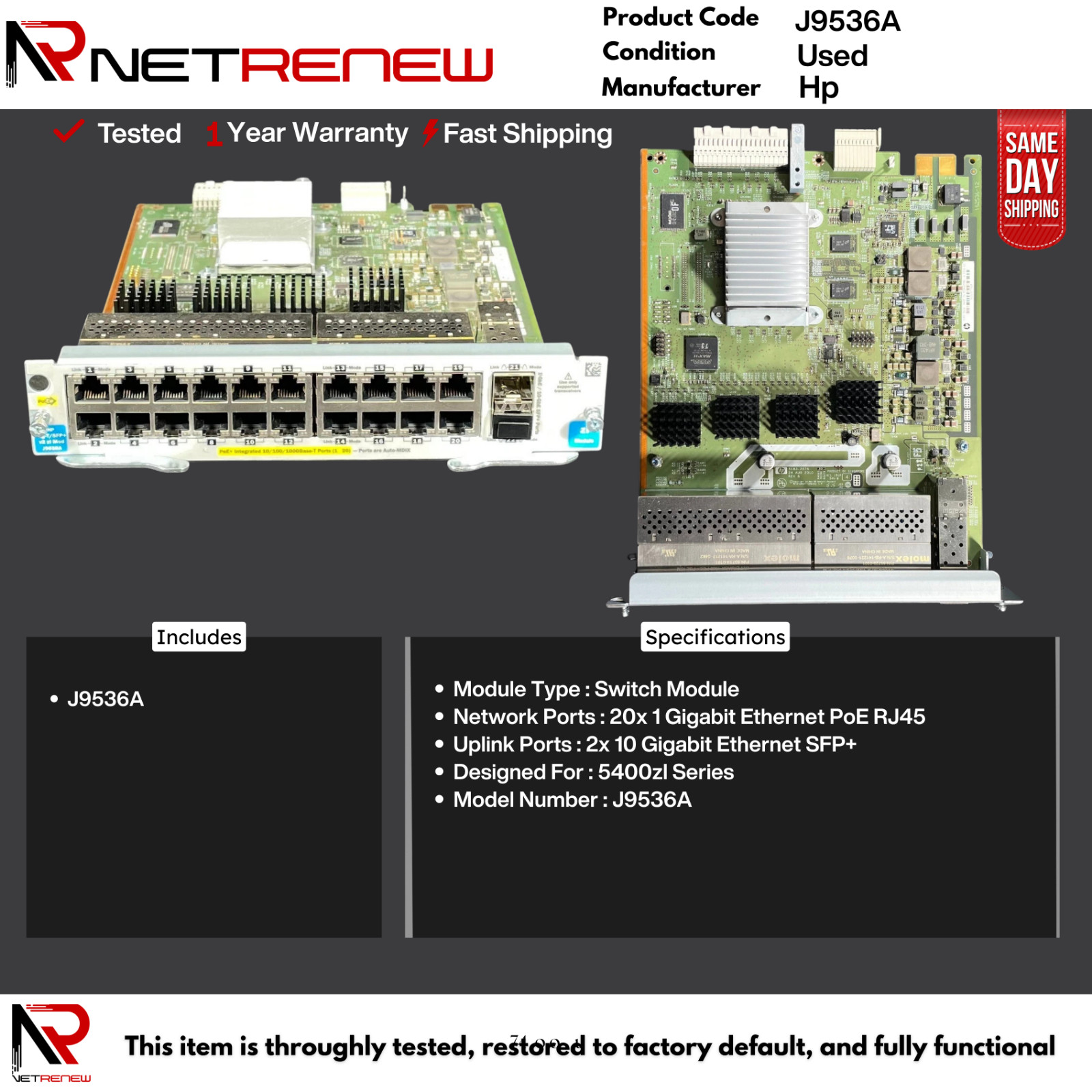 J9536A  HP 20-port Gig-T PoE+/4-port SFP v2 Module - Tested