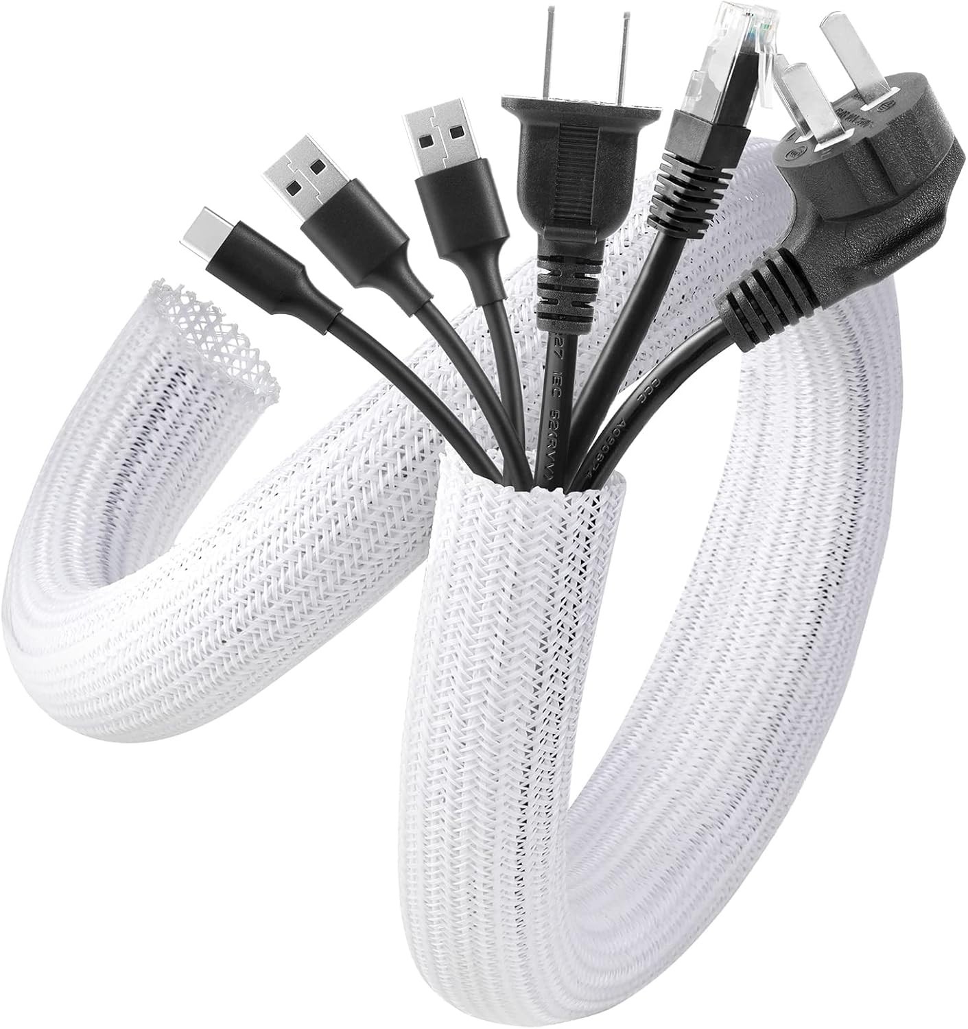 White Cable Sleeve, 2 Pack 5ft - 1.2 Inch Cable Management Cord Hide | Desk Cord