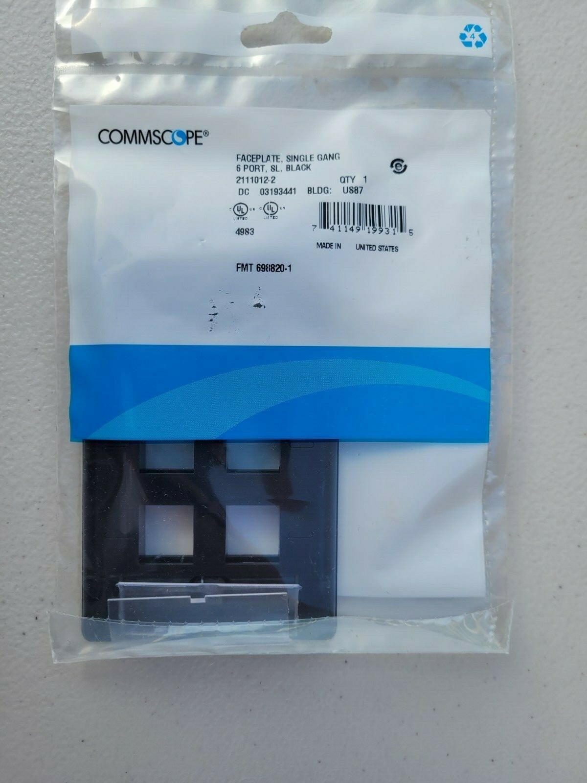 Brand New Commscope 2111012-2 Faceplate Kit Single Gang, 6 Port, Black Box of 10