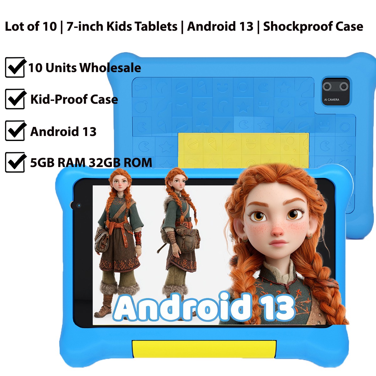 Android 13 for kids 3-12 Tablet 5GB RAM 32GB ROM IPS LCD HD Dual Camera 10 pcs