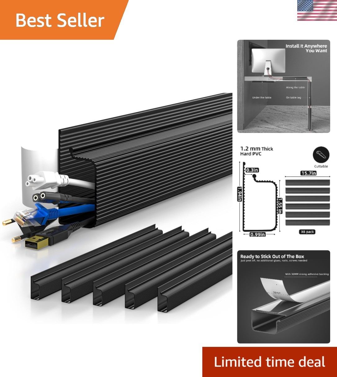 Effortless 94in Desk Cable Organizer - Includes 6 Adhesive J Channels for Safety
