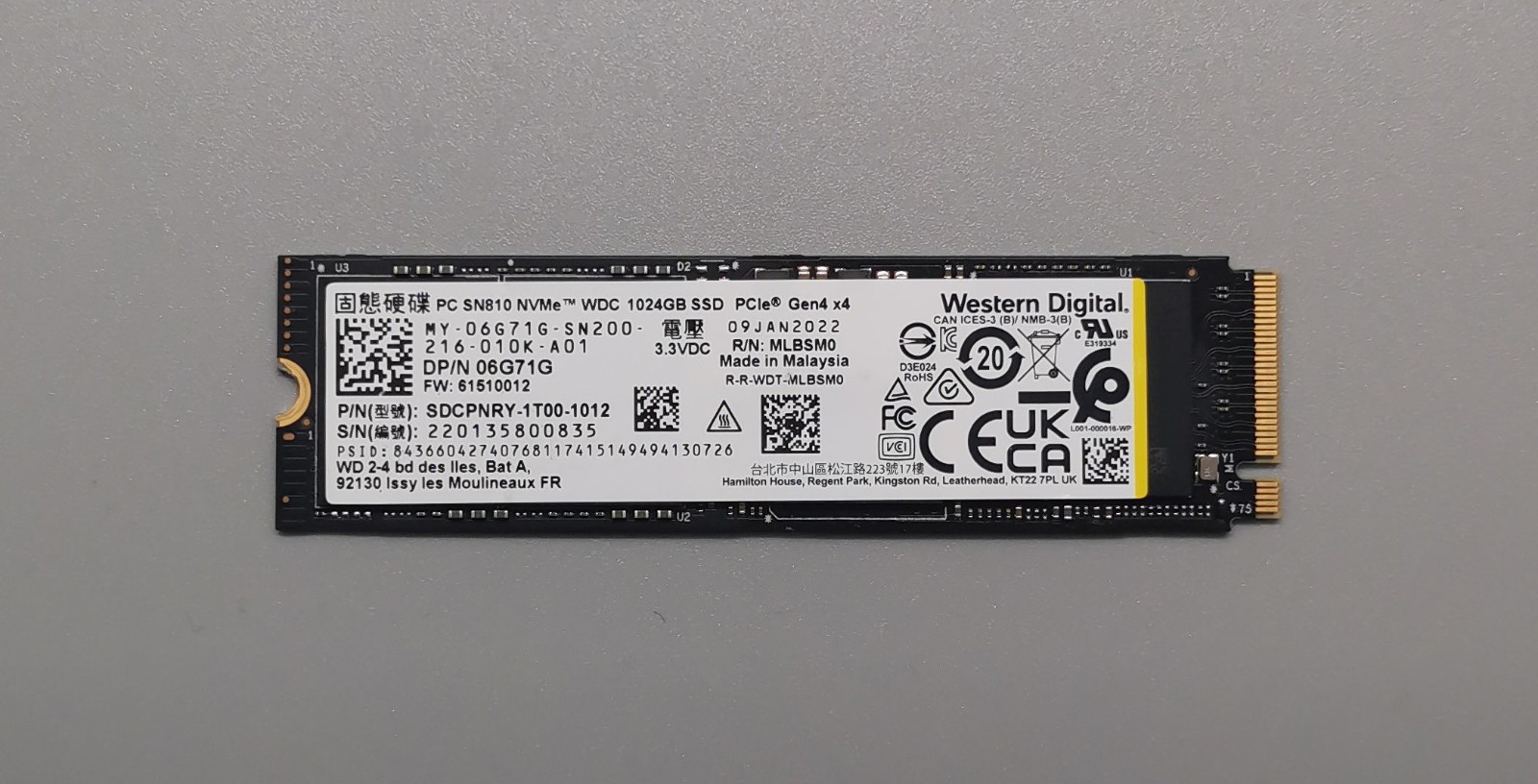 WD PC SN810 NVMe WDC 1024GB Internal Storage SSD M.2