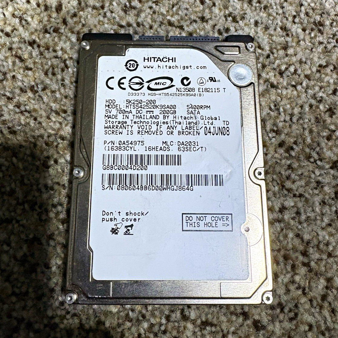 Hitachi HTS542520K9SA00 200GB 2.5" SATA 5400RPM Hard Drive - Tested & Works