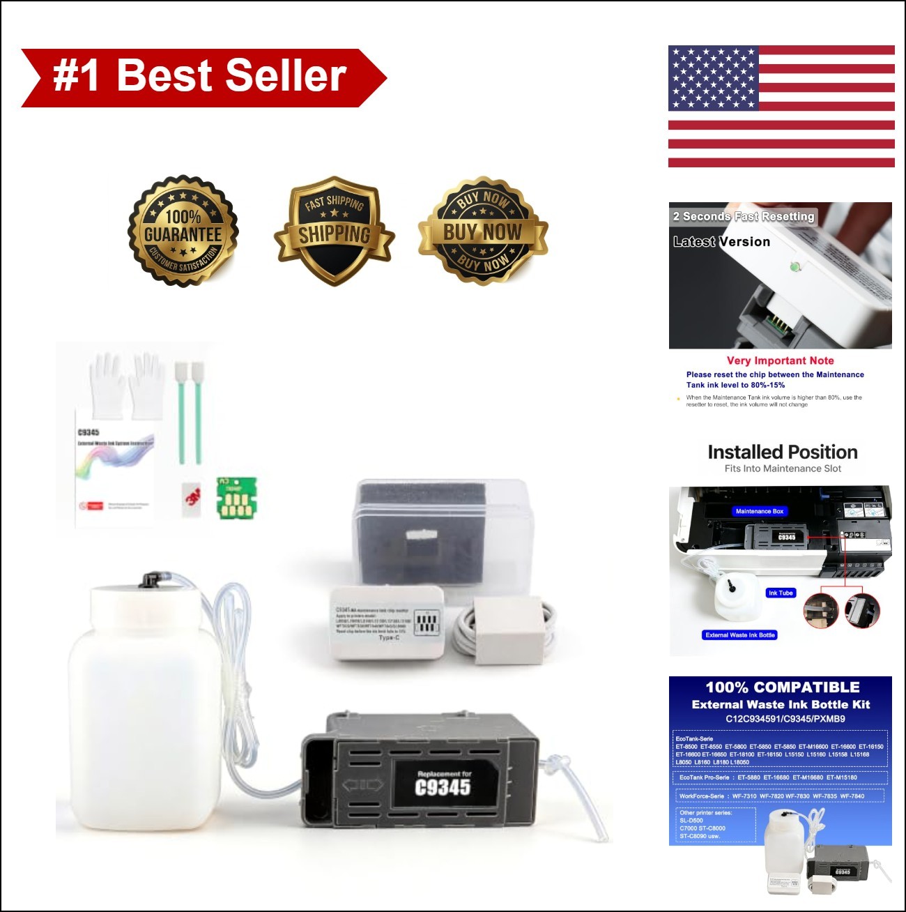 C9345 Ink Maintenance Box Waste Ink Tank Chip Resetter External Bottle 500ml
