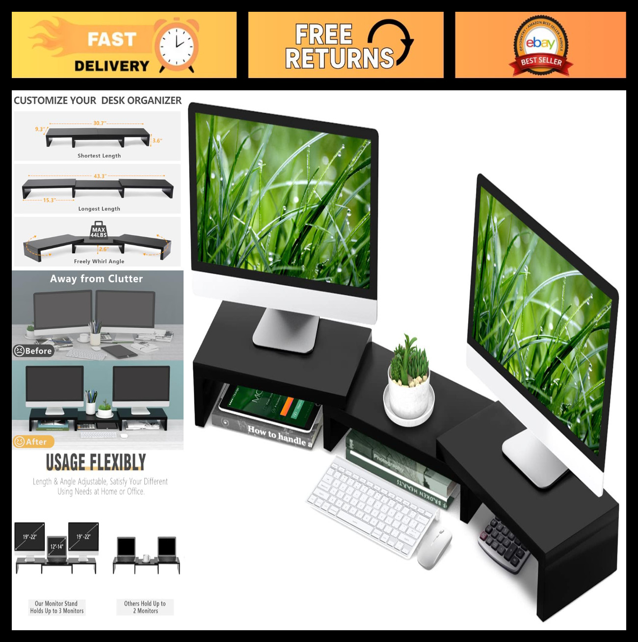 Dual Monitor Stand Riser for 2 Monitors - Adjustable Height & Angle, 3 Shelf Org