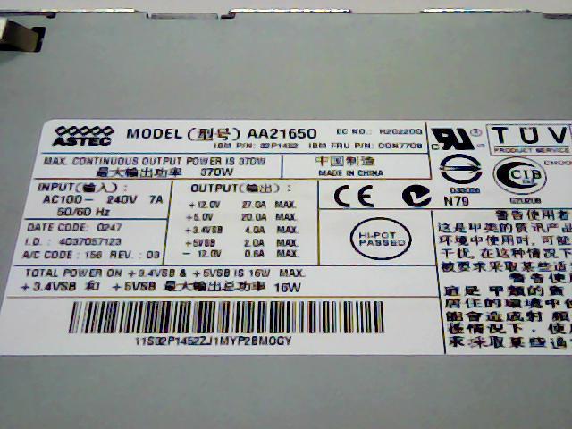 IBM 370W Power Supply 24P6849 00N7708 32P1452 Astec AA21650 For IBM X360 Server