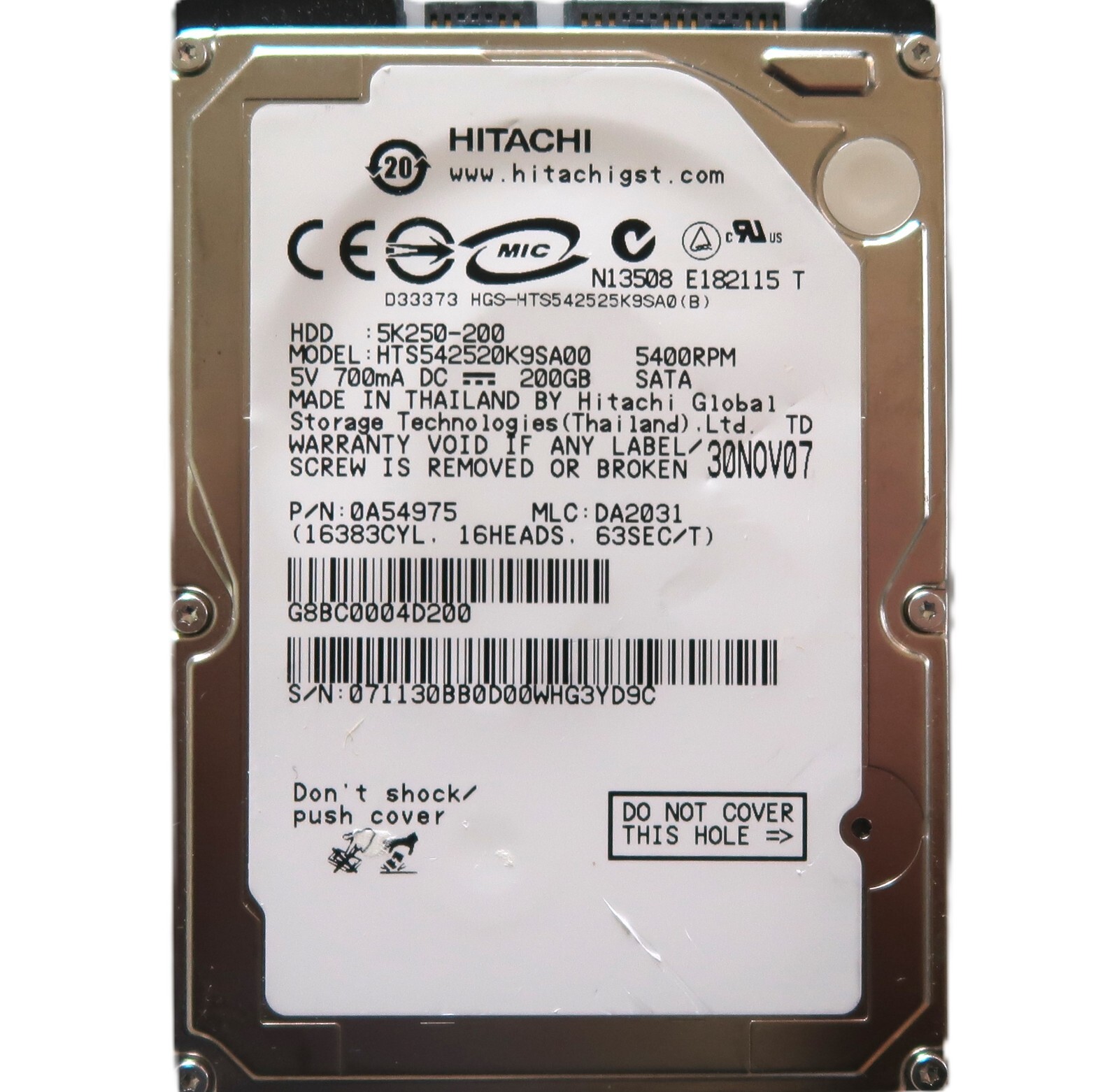 Hitachi HTS542520K9SA00 0A54975 DA2031 (071) Thailand 2.5" 200gb Sata HDD 2007