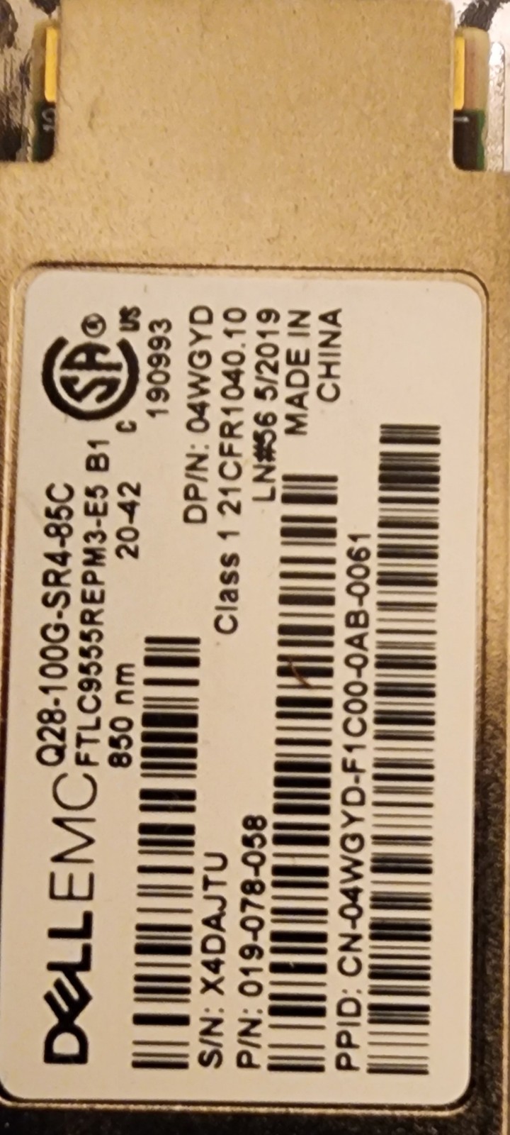 Dell EMC 04WGYD Q28-100G-SR4-85C FTLC9555REPM3-E5 -100GBASE-SR4 019-078-058 *NEW