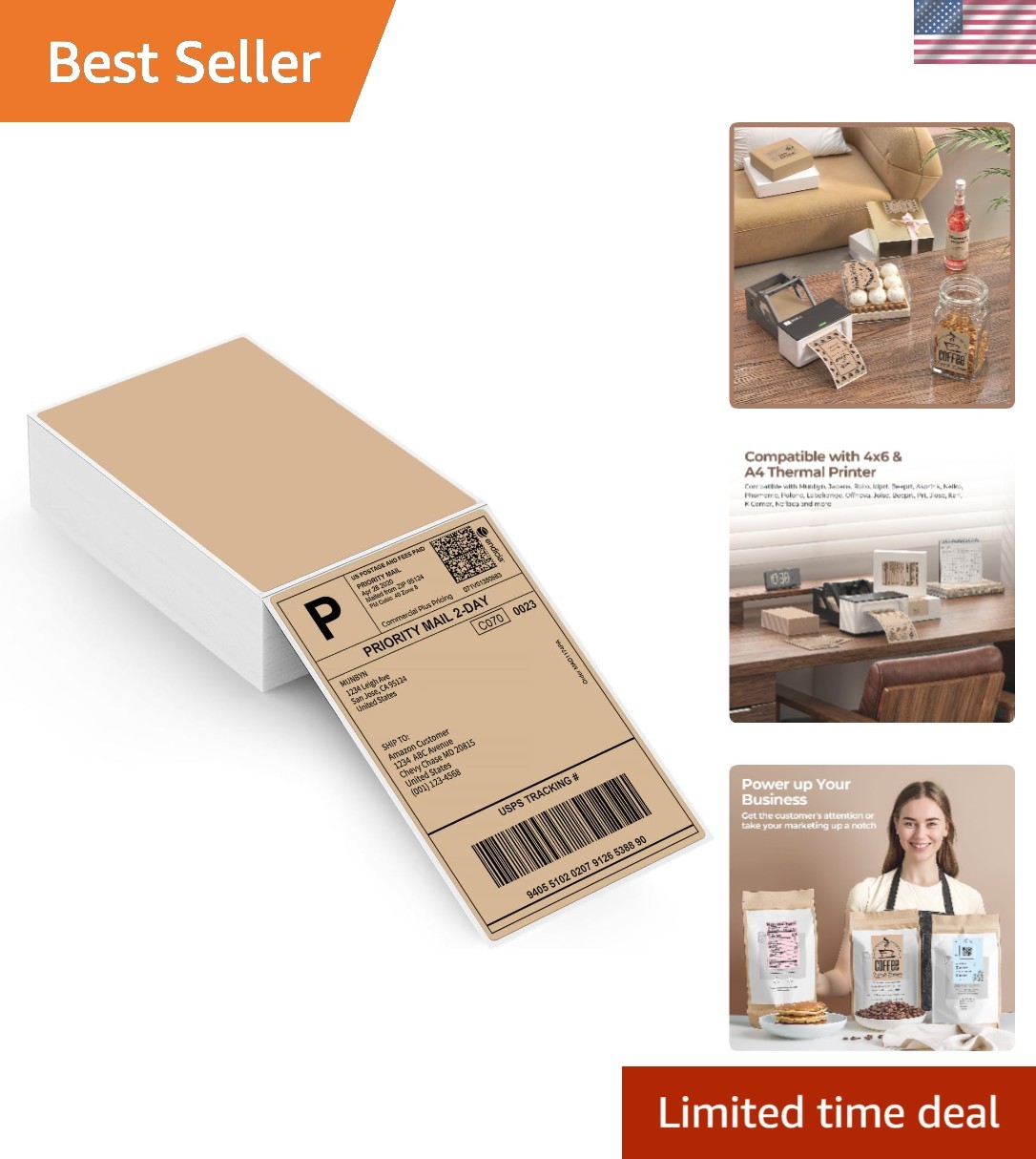 High-Quality 4x6 Brown Thermal Labels - 220 Pack, Waterproof & Scratch-Resistant