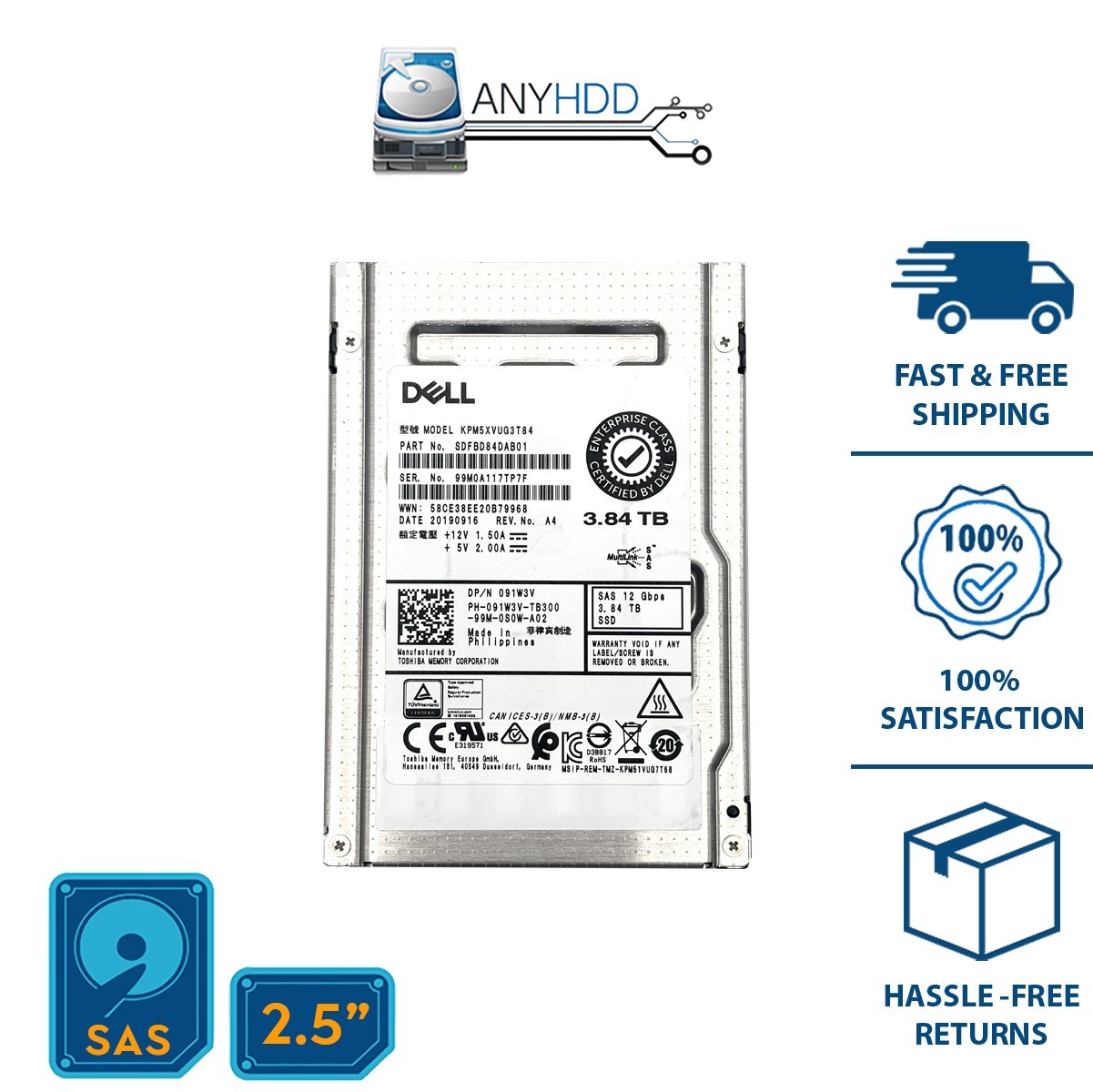 Dell 3.84TB SAS SSD 12Gb/s 2.5" ENTERPRISE SFF - KPM5XVUG3T84 –  SDFBD84DAB01