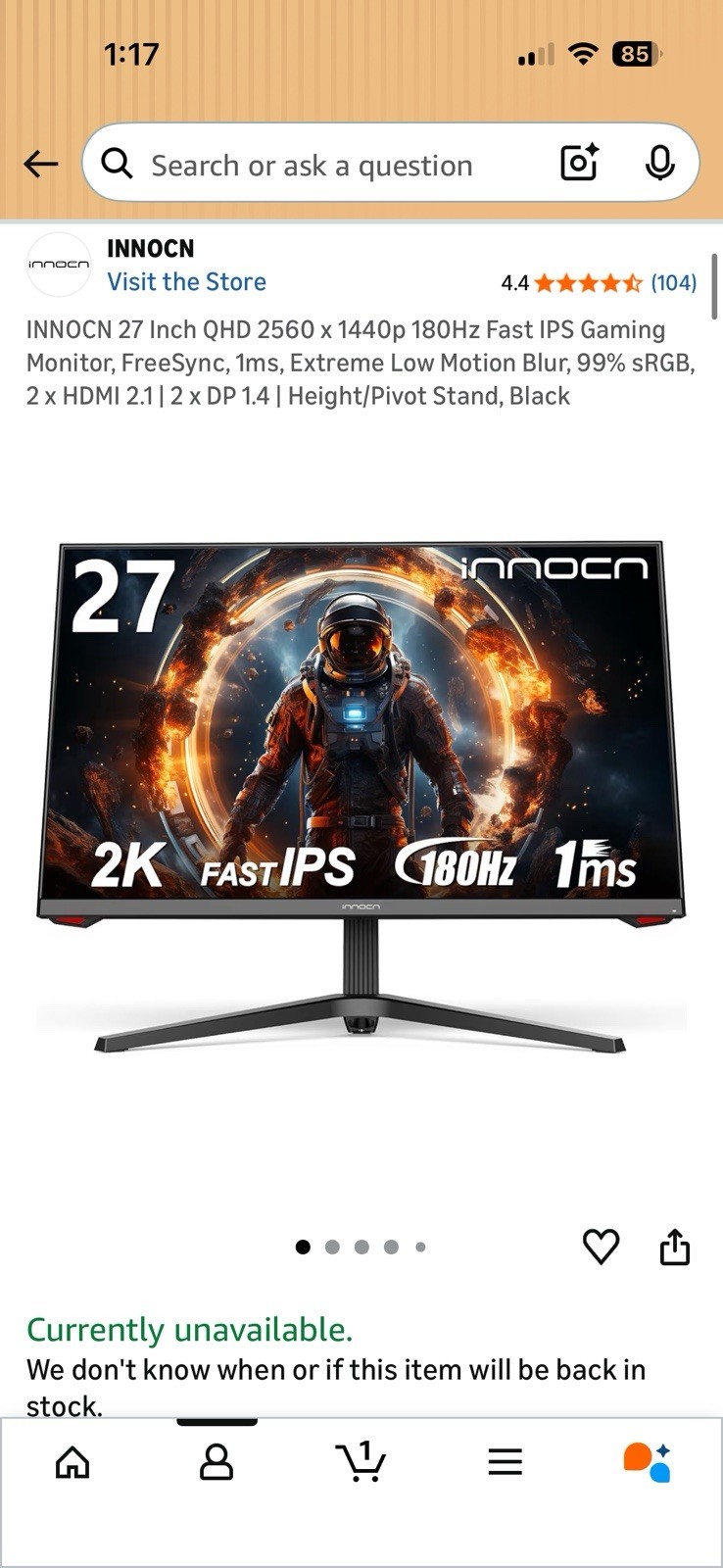 Innocn 27-inch 1440p 180hz Gaming Monitor with BROKEN SCREEN (For Parts Only)