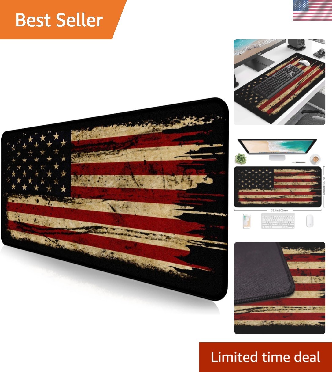 Retro American Flag XL Mouse Pad 35.4" x 15.7" - Durable Waterproof Gaming Mat