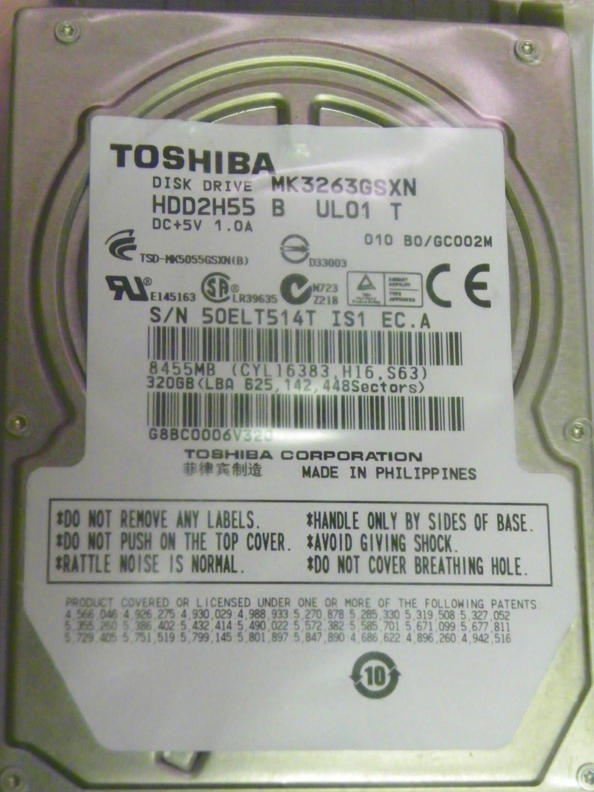 Toshiba MK3263GSXN (HDD2H55 B UL01 T) 010 B0/GC002M Laptop 2.5" 320GB SATA HDD