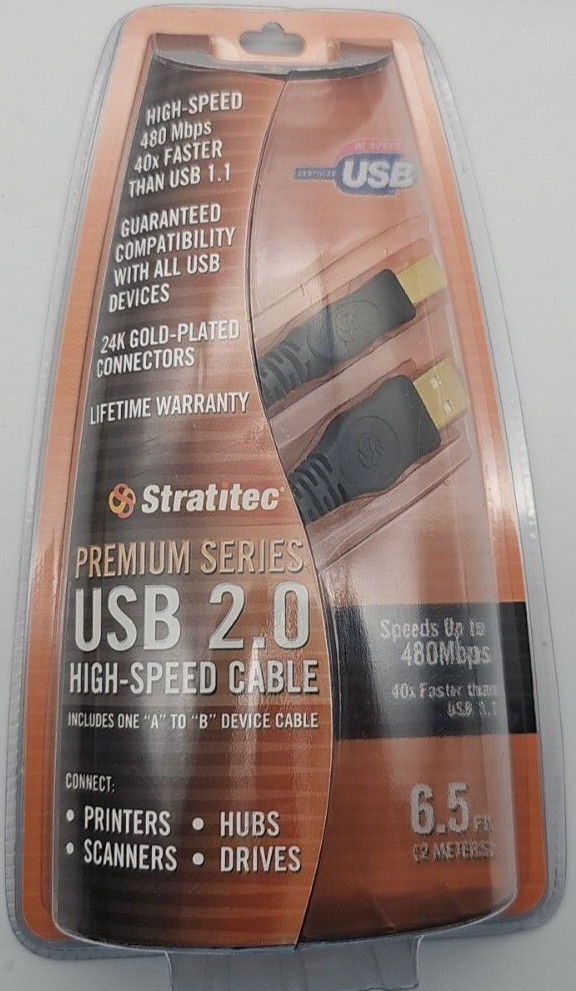 Stratitec Premium Gold Plated USB 2.0 High Speed 6.5ft Cable A to B NOS