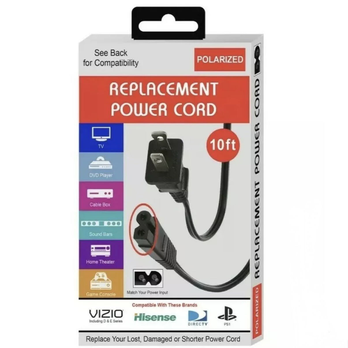 Xtreme Cables 10 Foot Polarized Replacement Power Cord Vizio, Hisense, PS1, B#26