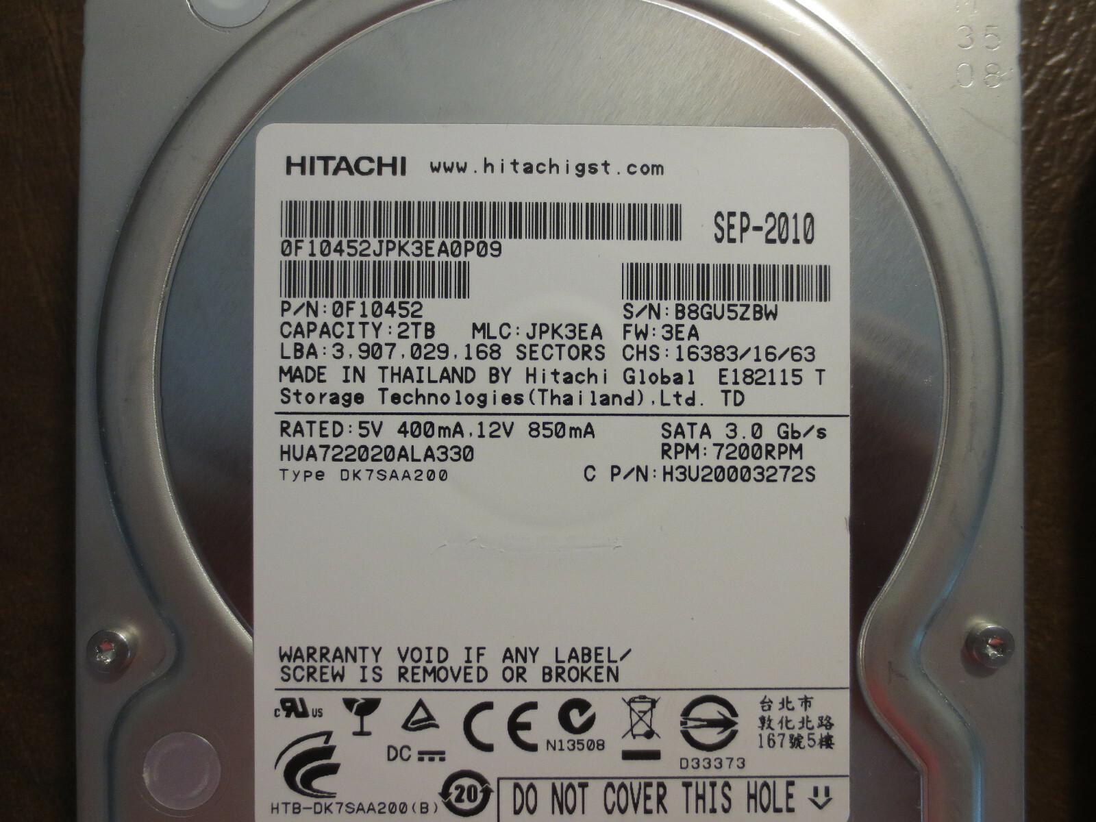 Hitachi HUA722020ALA330 PN:0F10452 MLC:JPK3EA 2.0TB 3.5" Sata HDD