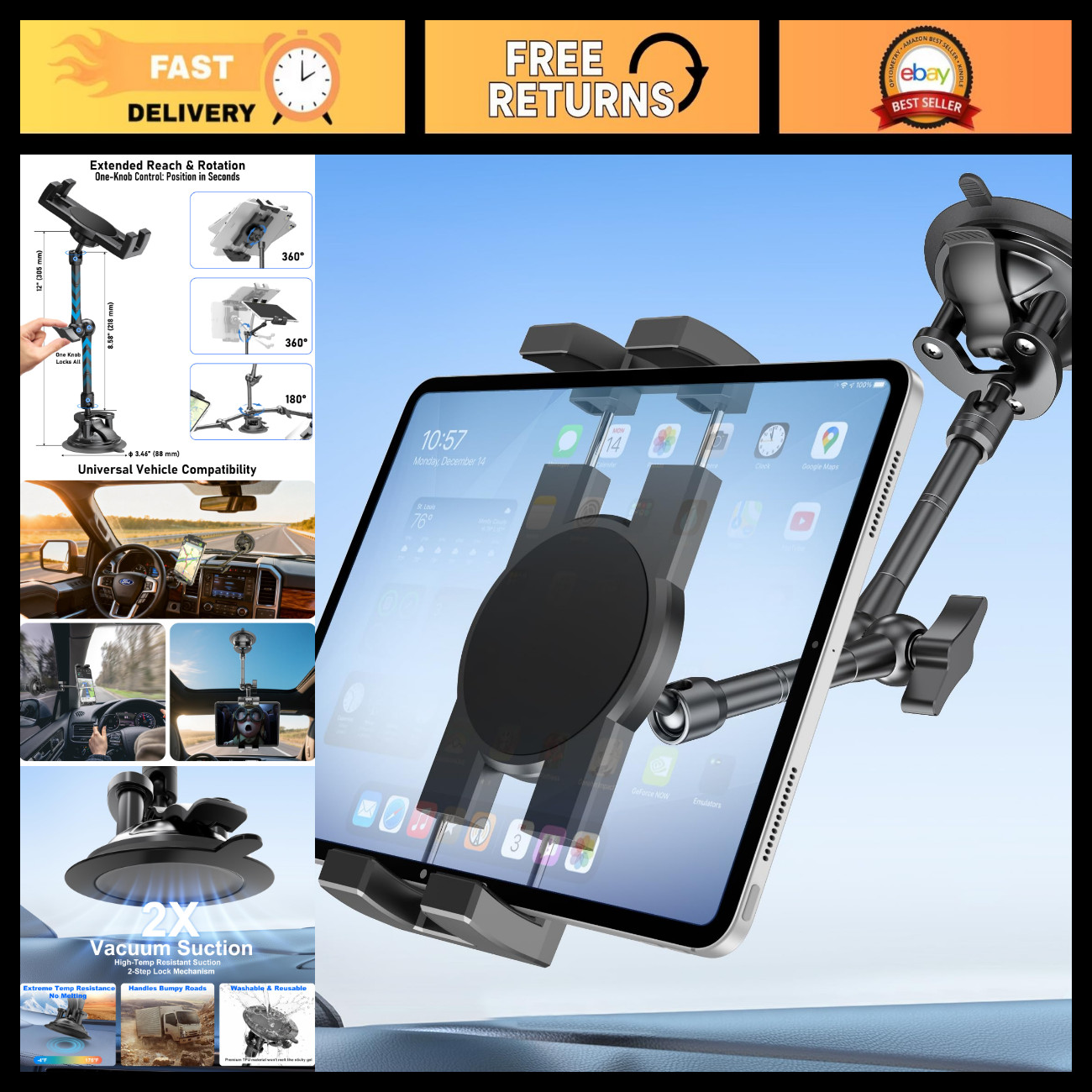 Universal Heavy Duty Tablet Mount for Car, Truck, Van - Dashboard & Window Holde