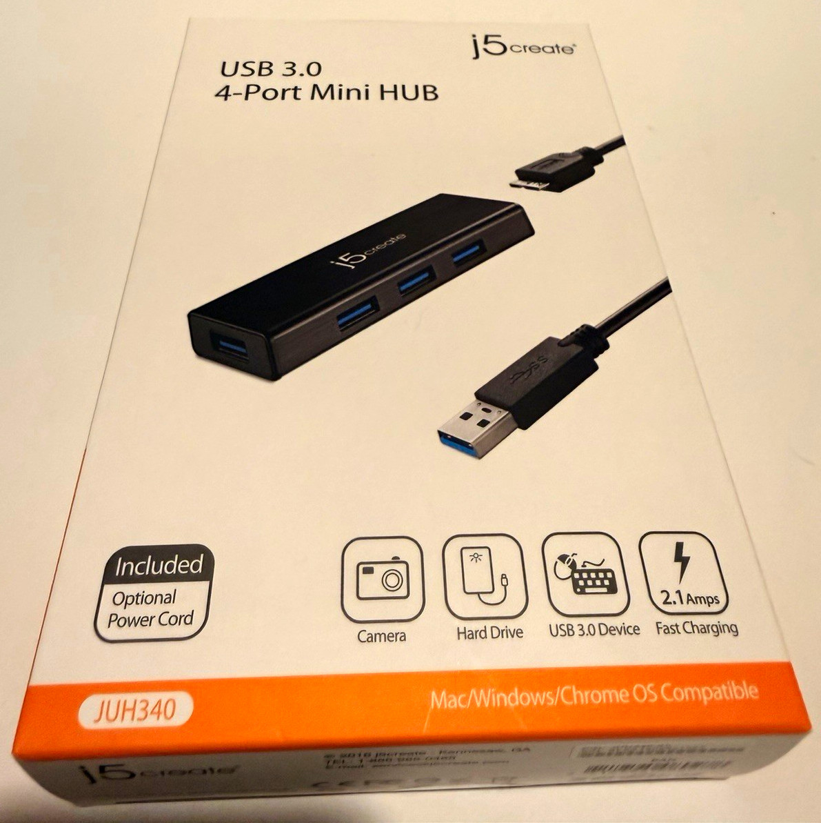 j5create JUH340 USB 3.0 4-Port Portable Mini Hub w/ Optional Power Cord Black