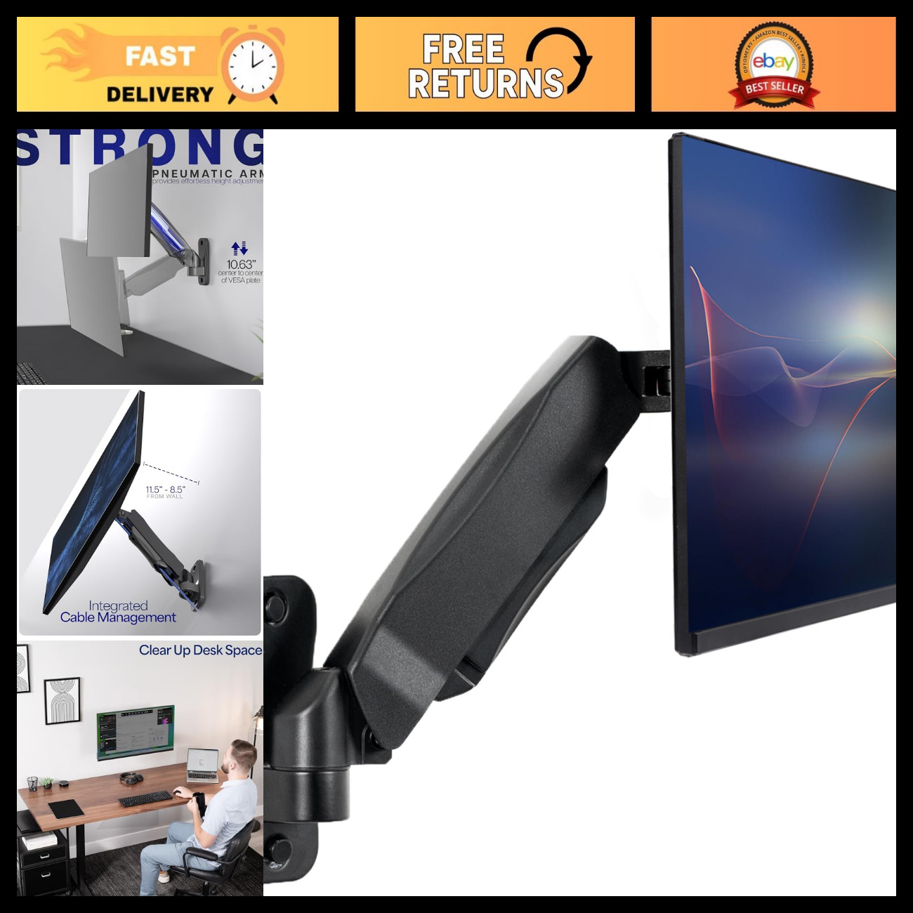 Adjustable Black Single Monitor Wall Mount for 17-32" Screens - Space-Saving Des