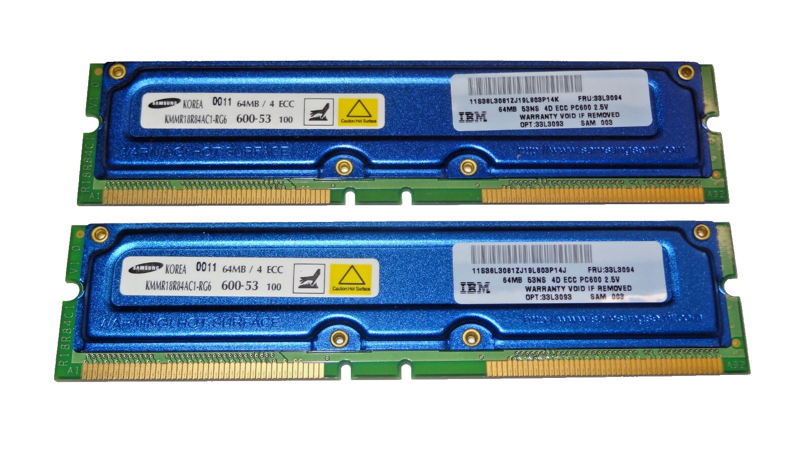 Samsung 128MB Rambus 2x64MB PC600 600MHz ECC 184-Pin RDRAM - KMMR18R84AC1-RG6