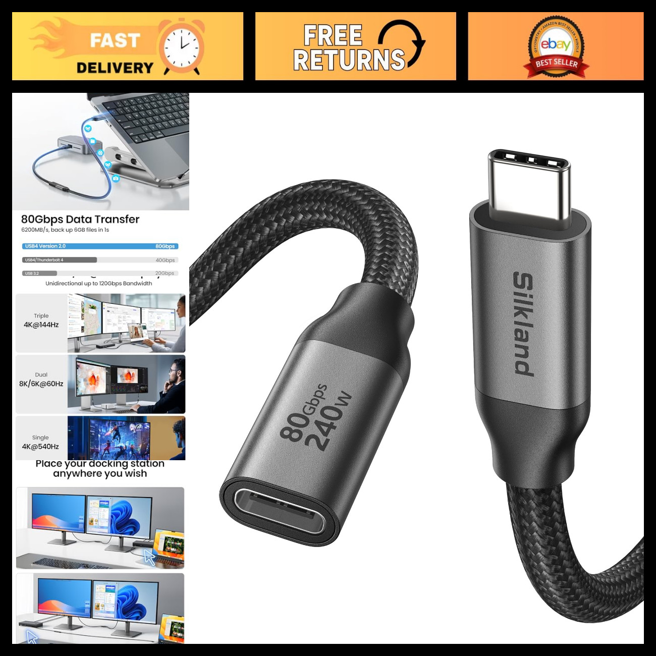 80Gbps USB4 USB C Extension Cable 240W for Thunderbolt 5/4 - 6.6FT Length