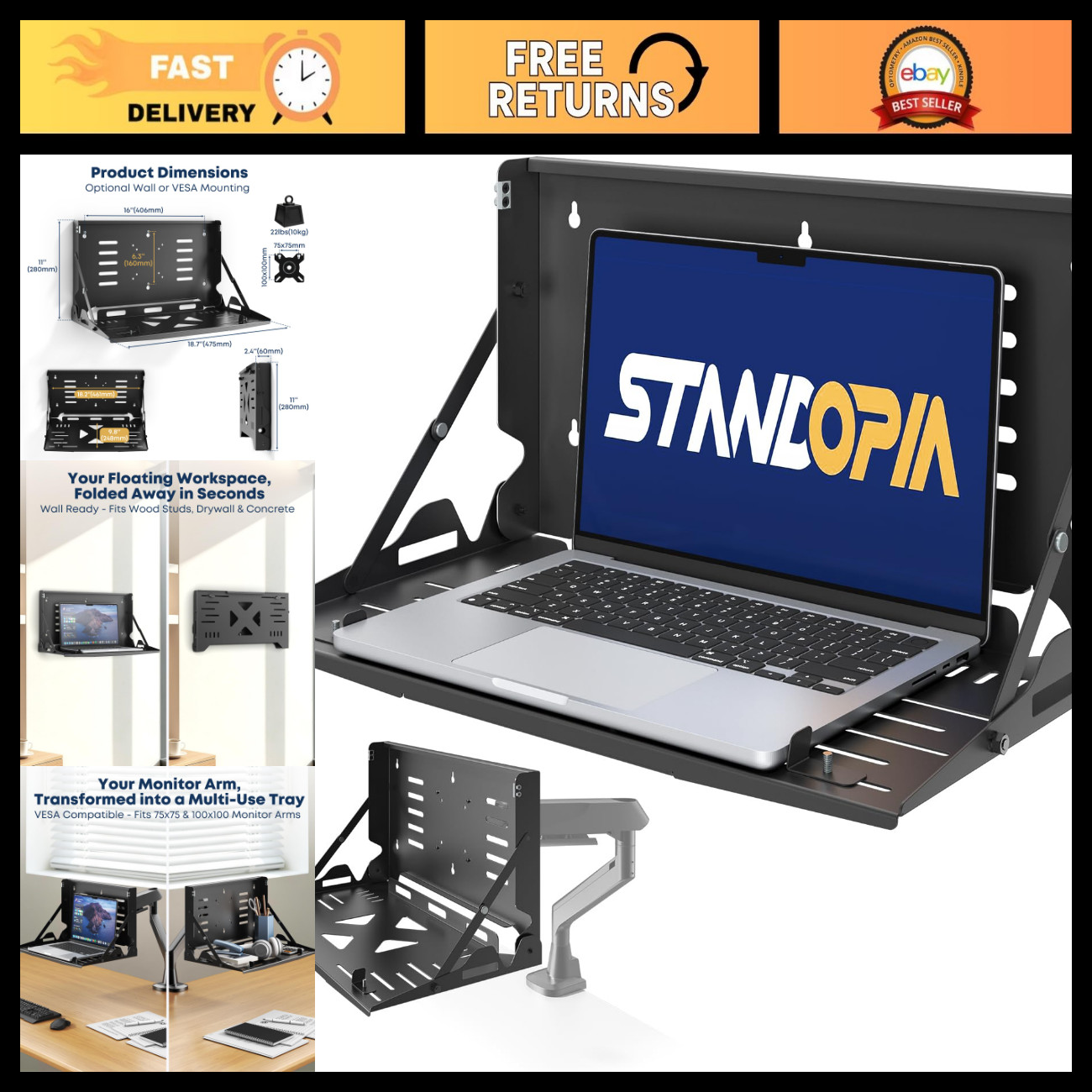 Folding Laptop Tray Holder for 13-17" Laptops, Wall Mount, Space-Saving Shelf, H