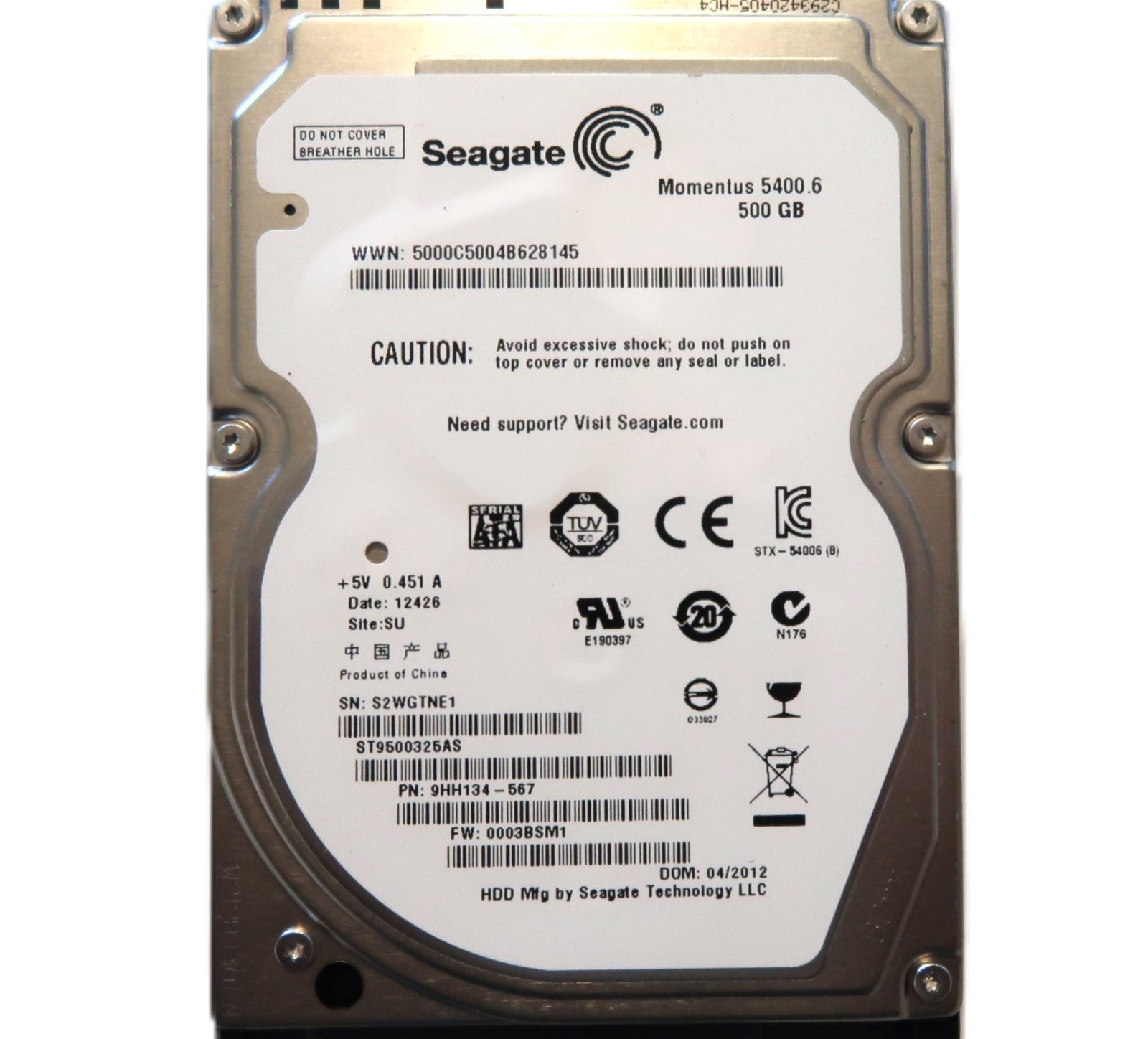 Seagate ST9500325AS 9HH134-567 0003BSM1 SU China (S2W) 2.5" 500gb Sata 04/2012