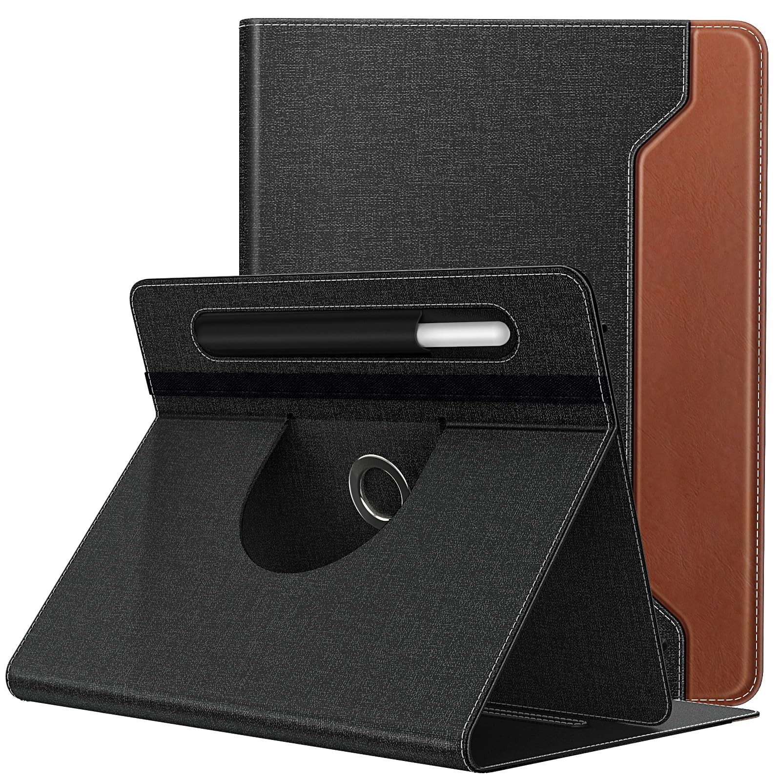 11 Inch Universal Rotating Tablet Case Black Brown Stand Pocket PU Leather
