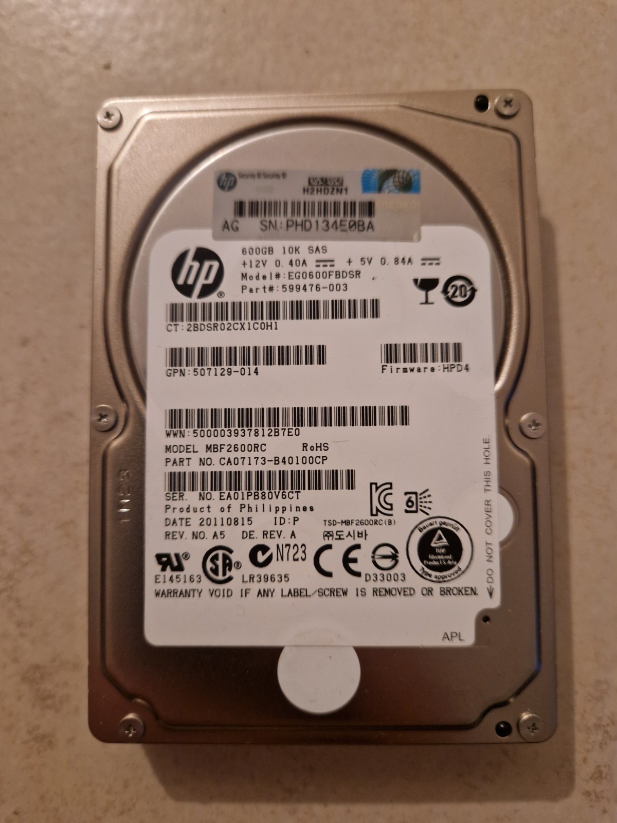 HPE 600GB SAS Server Hard Drive 2.5" 10K 6Gbs EG0600FBDSR 507129-013 Server HDD
