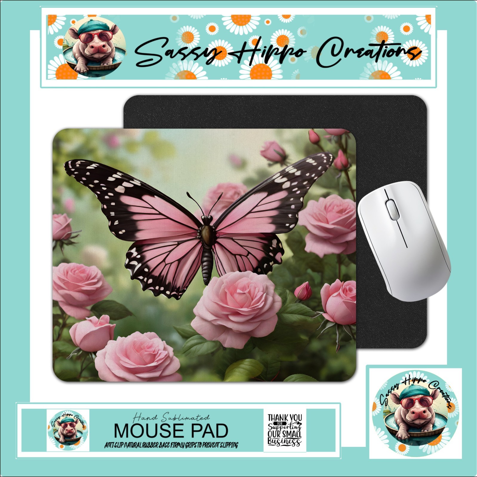 Mouse Pad Pink Butterfly Pink Flowers Summer Anti Slip Back Easy Clean Sublimate