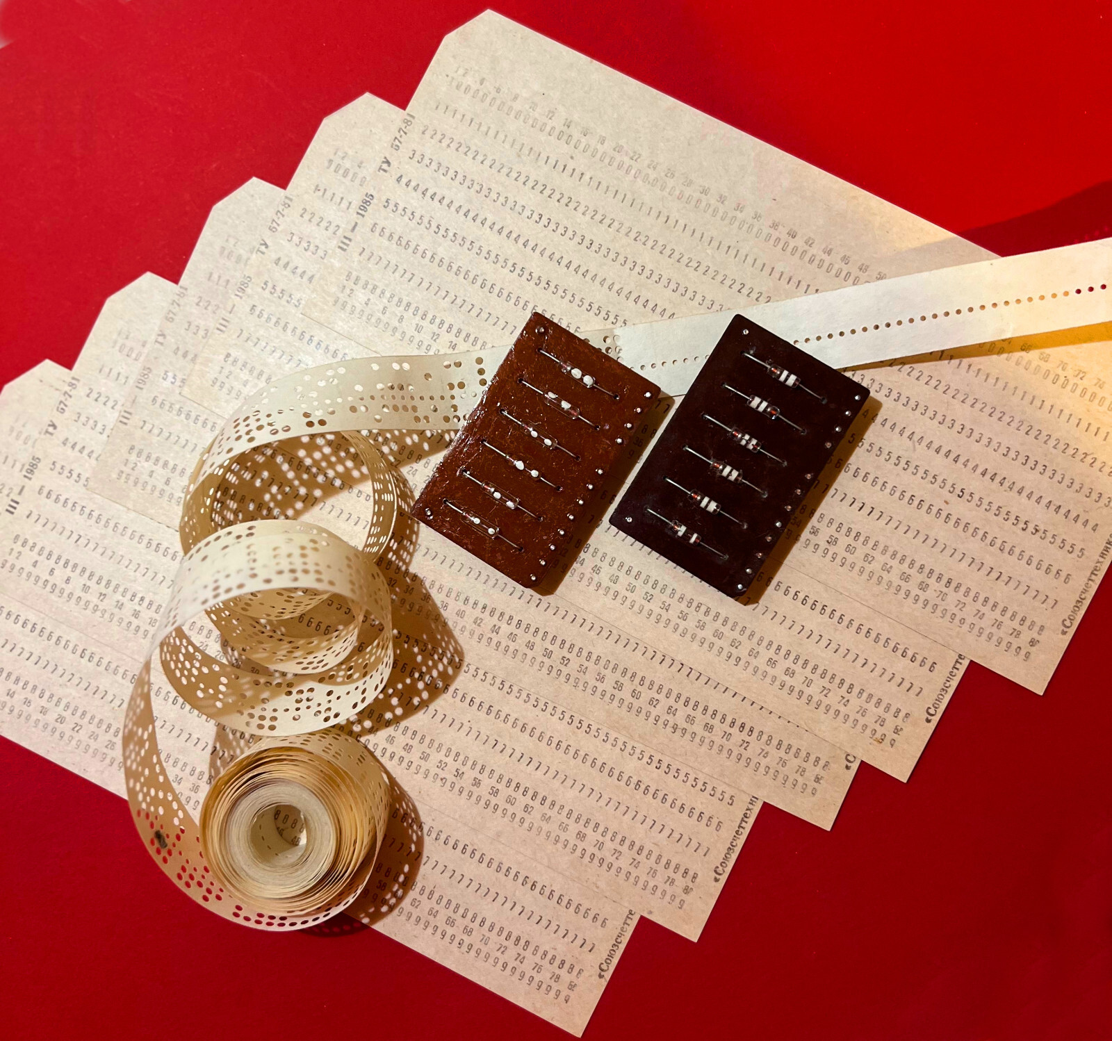 SET of Soviet Punch Cards (IBM 80-column), Punched Paper Tape, Circuit Board MIR