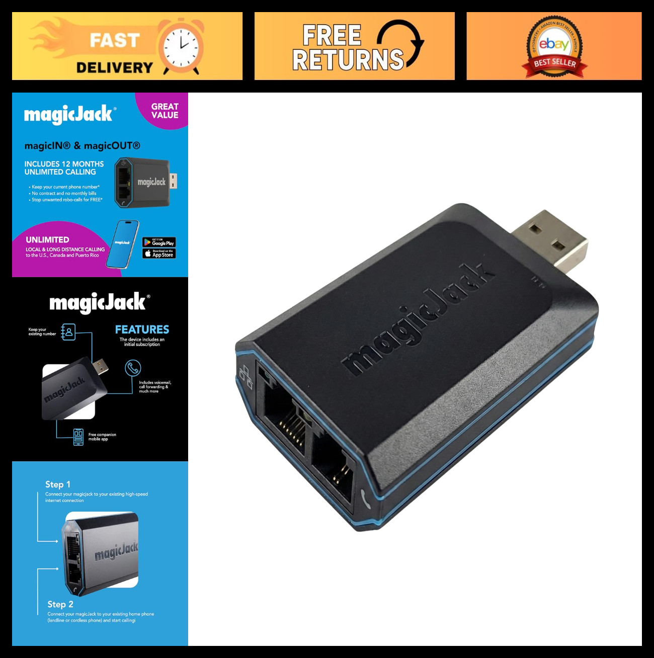 Unlimited VOIP Phone Adapter - Calls to US & Canada, No Monthly Bill, Portable I