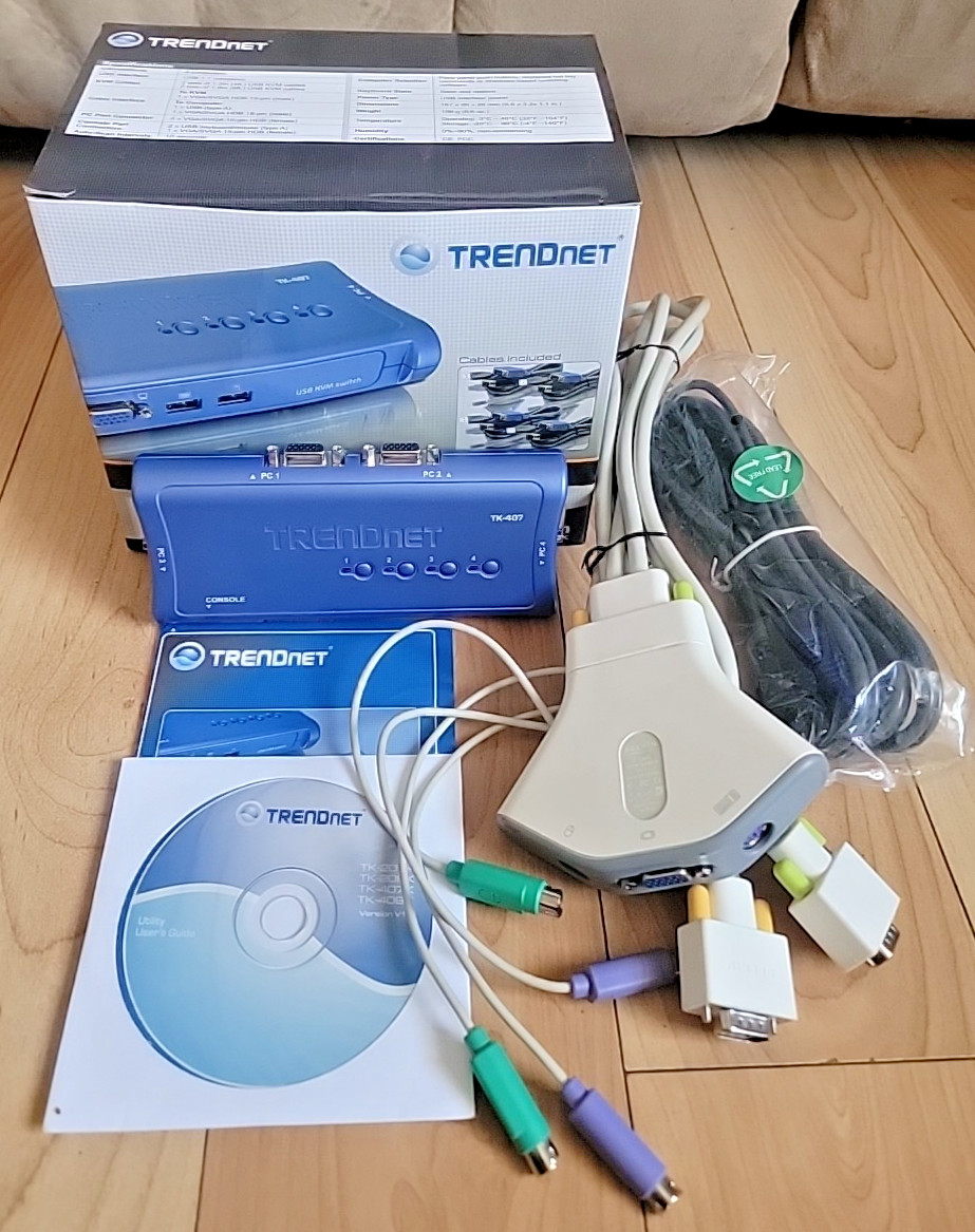 TRENDnet TK-407 4-Port USB KVM Switch CD Drive & Belkin 2-Port Cable - TESTED