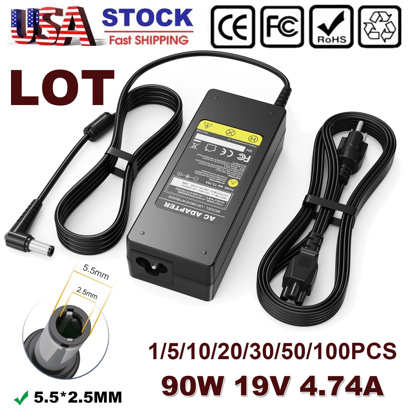 LOT 90W 19V AC Adapter Charger for Toshiba PA5035U-1ACA Laptop Power Supply Cord