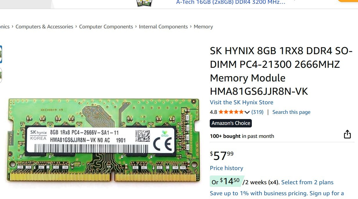 SK HYNIX 8GB 1RX8 DDR4 SO-DIMM PC4-21300 2666MHZ 3YEAR WARRANTY