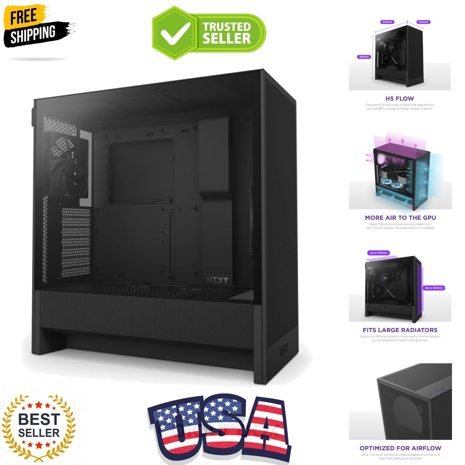 H5 Flow - Compact ATX Mid-Tower PC Case - Black | Compact mid-tower with 2 in...