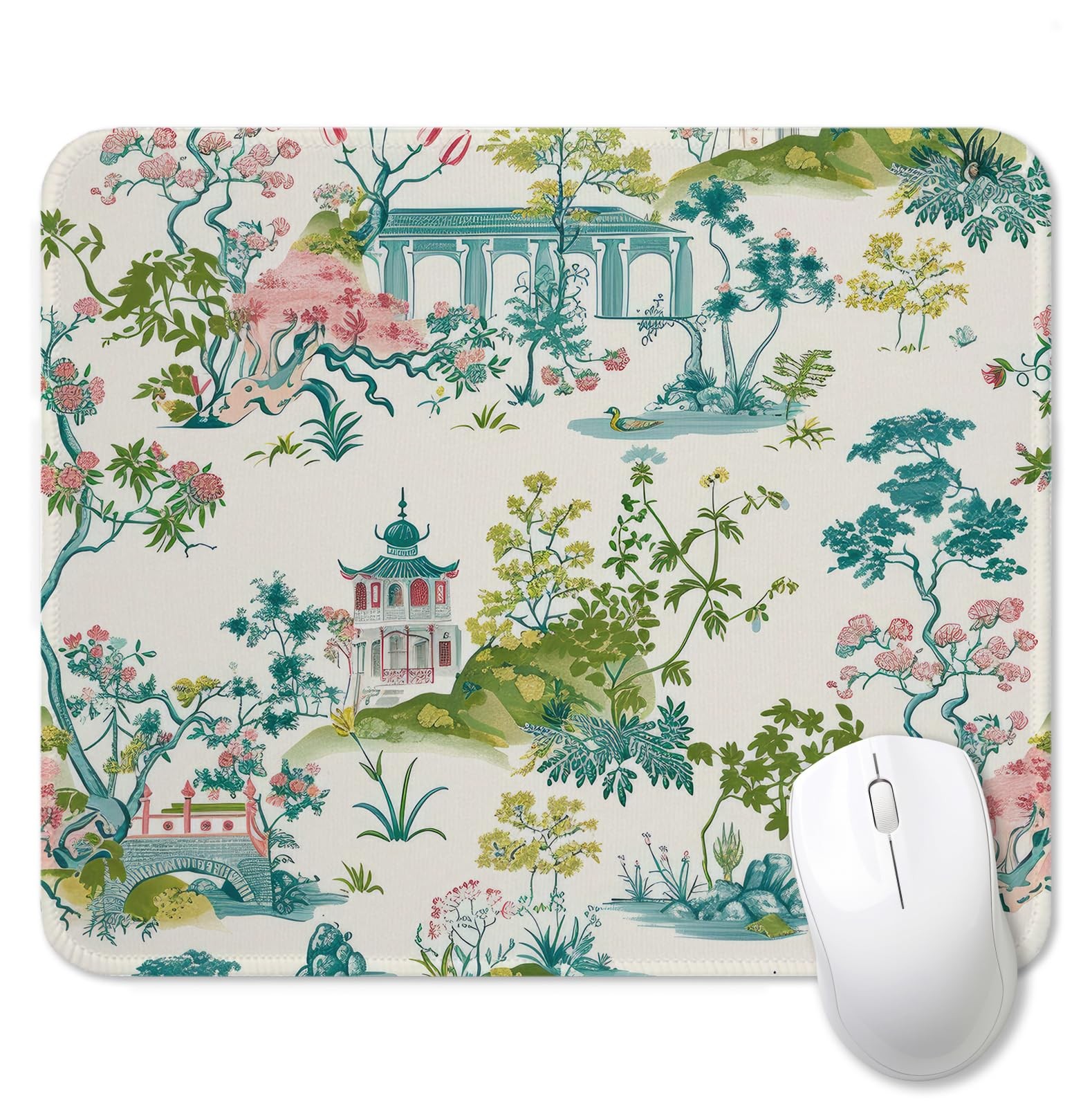 Vintage Chinoiserie Oriental Garden Mouse Pad for Desk, Teal and Pink Floral ...
