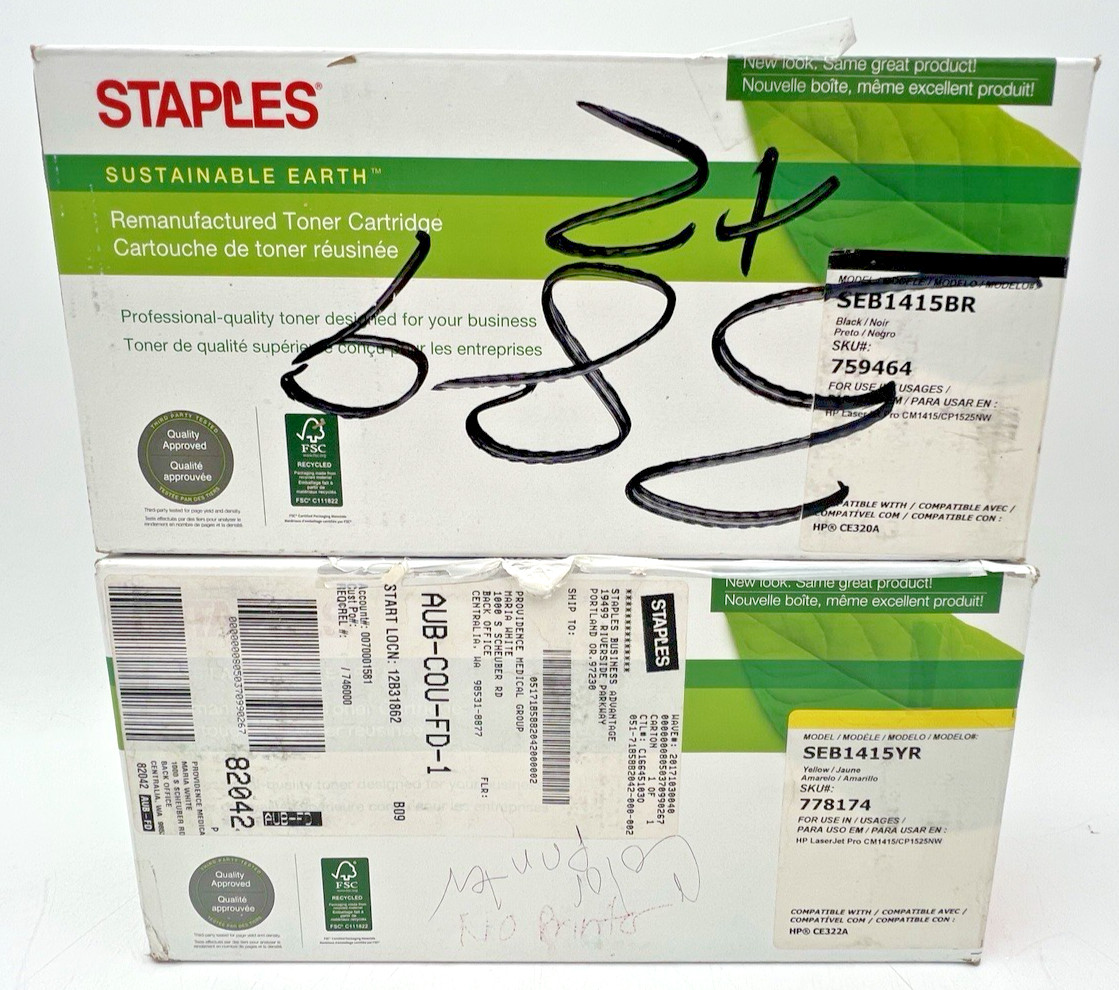 STAPLES INK TONER SEB1415YR YELLOW & SEB1415BR BLACK FACTORY SEALED BAGS