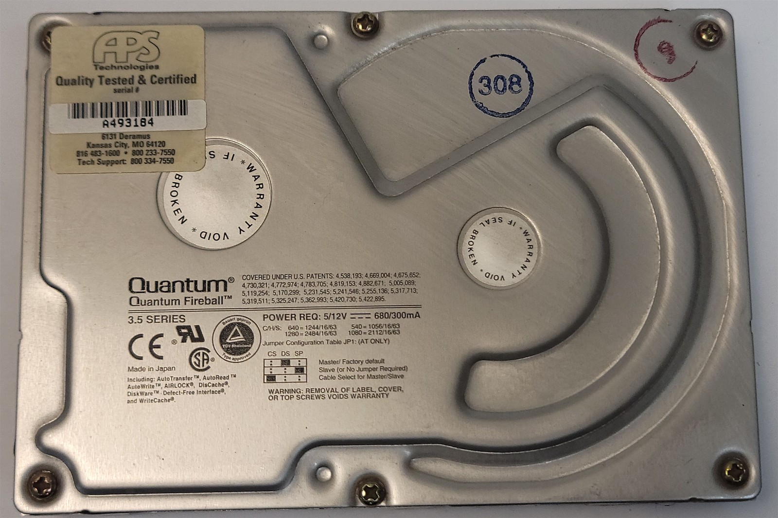 Quantum Fireball 1080S HDD, 3.5", 1 GB , SCSI , 50-Pin - Tested w/pics