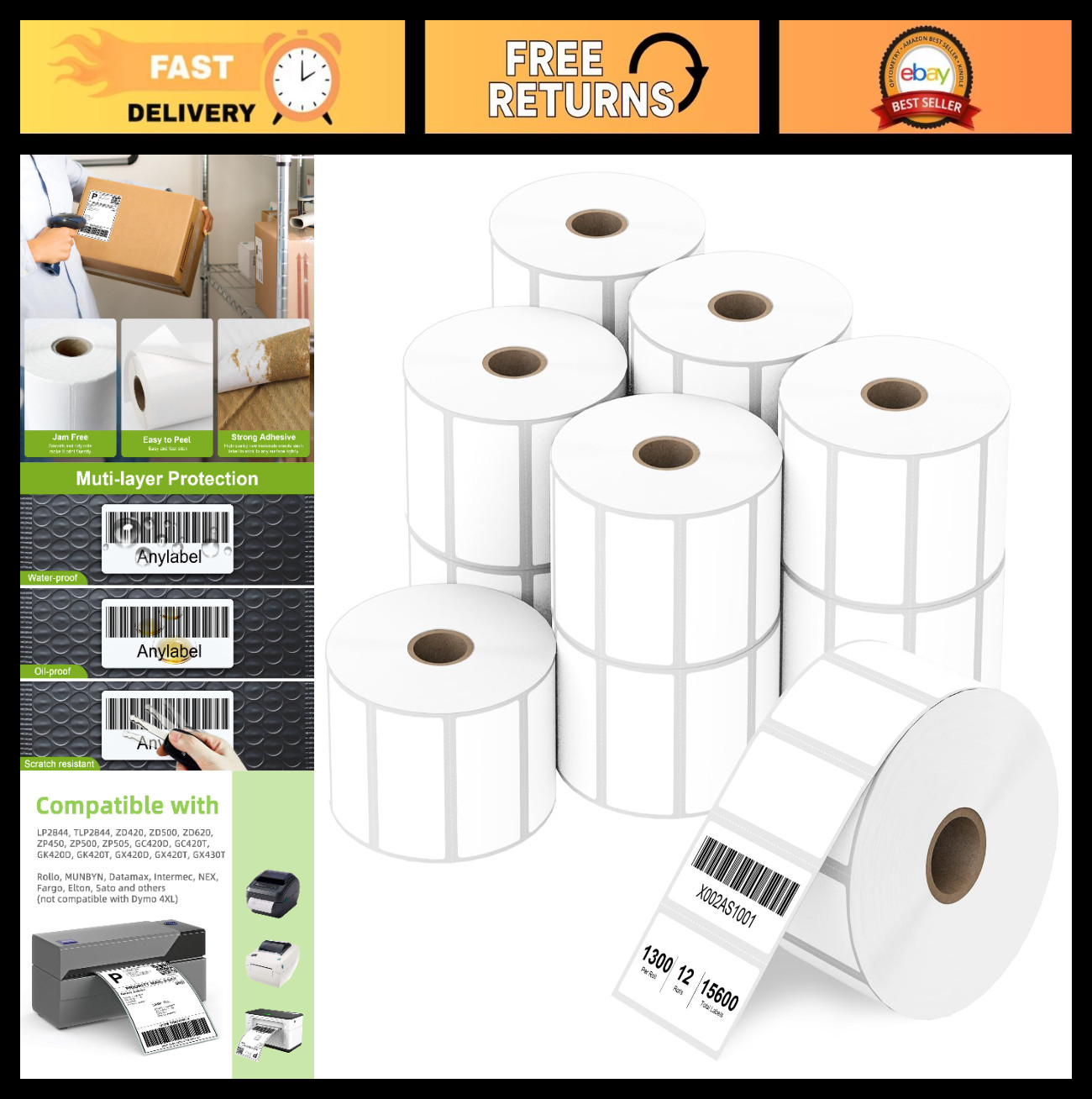 2" x 1" Direct Thermal Barcode Labels - 12 Rolls, 1300 Labels/Roll, Perforated P