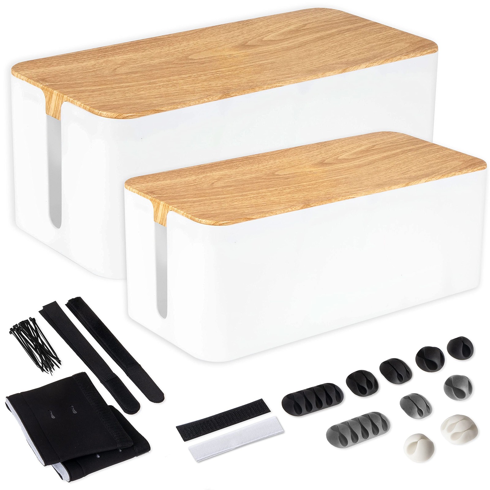 Cable Management Box, 2 Pack - White Cord Organizer with Wood Top