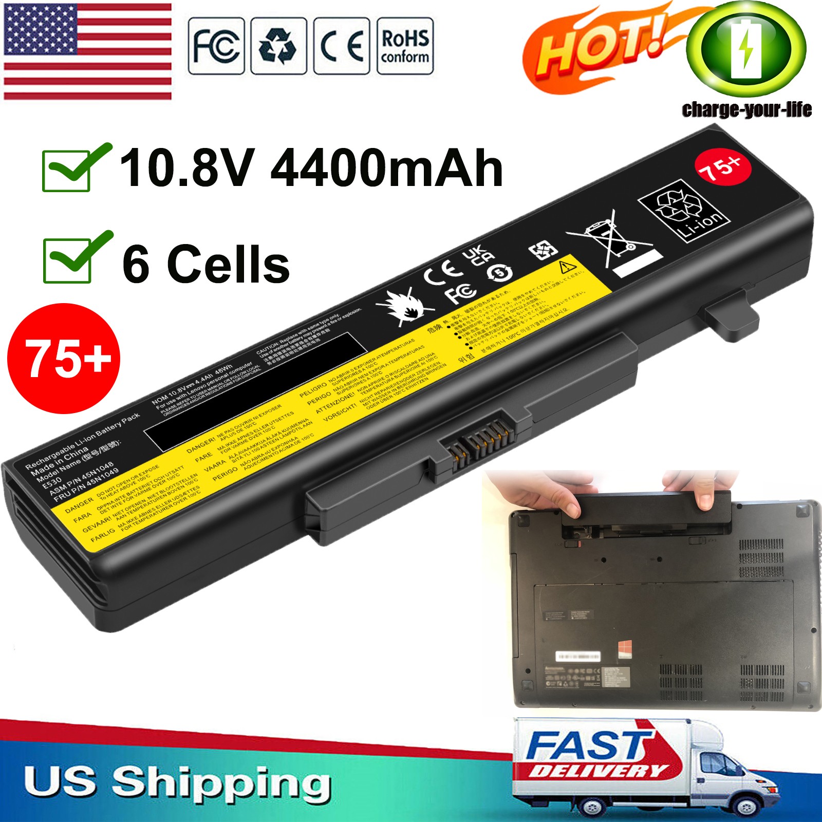 75+ Battery For Lenovo ThinkPad E430 E431 E435 E440 E445 E530 E531 E535 E540 NEW