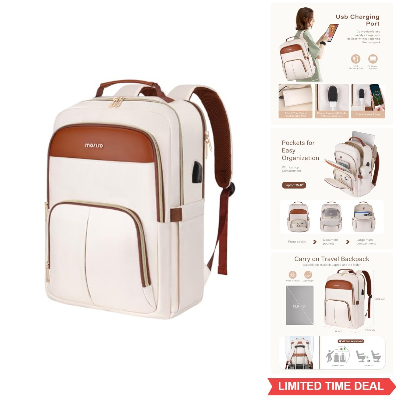 MOSISO Laptop Backpack for Women, 15.6 inch Laptop Bag with USB Charging Port&Fr